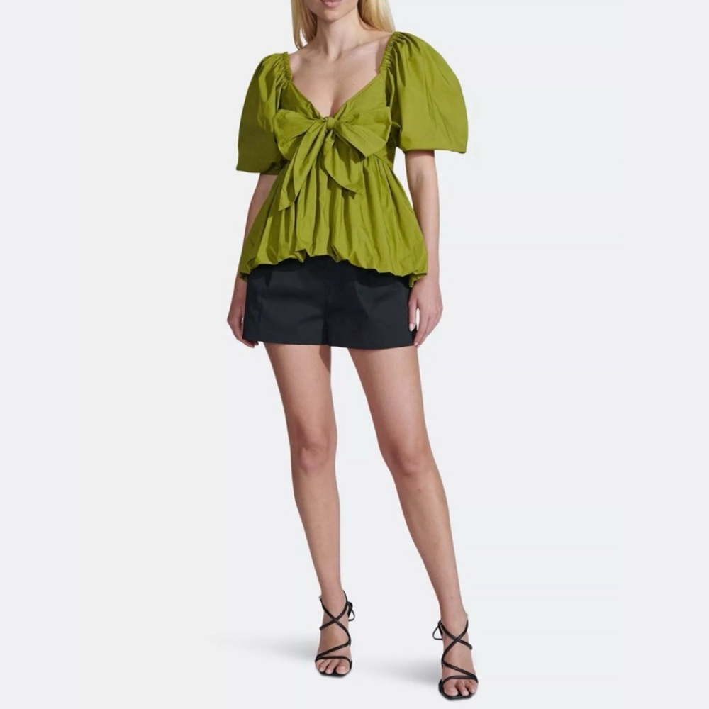 NWT Toccin Front-Tie Bubble Hem Poplin Blouse in Cactus Green MSRP$265